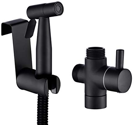 Tecmolog Toilet Sprayer Kit Stainless Steel Hand Held Bidet Sprayer Black Cloth Diaper Washer Portable Shattaf with Hose, Shattaf Holder, WS024CF