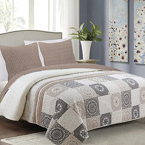 Euromat Tagesdecke Steppdecke Bettüberwurf Gesteppte Tagesdecke mit 2 Kissenbezüge 40x40 cm- (Beige Grau Ecru- Antea, 180x220 cm)