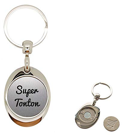 Porte clé en Métal alu brossé avec jeton aimanté gravé super tonton