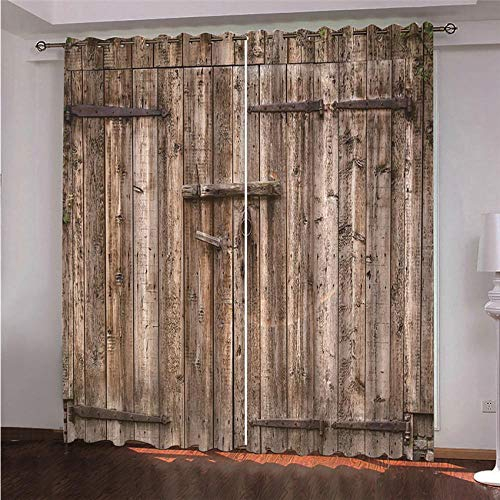 ZXYLSL 3D gedruckt Gardine Vorhänge - Planke Holztür Holzoptik-Braun - Verdunklungsvorhang - Ösen Verdunklungsgardine Polyester Vorhänge für Schlafzimmer 117 x 137cm x 2