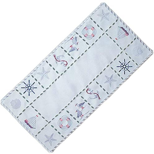Tischdecke Tischläufer Mitteldecke Maritime Stickerei, wollweiß mit bunter Stickerei 35 x 70 cm/Aufmachung 1 Stück