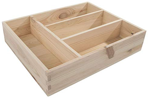 WooDeeDoo Wooden Cutlery Tray Utensil Sorter 4 Compartments Solid Pine Drawer Insert Tabletop Organiser Essential Oil Box Unpainted Kitchen Storage Crate Tabletop Tray 31 x 25 x 7 cm