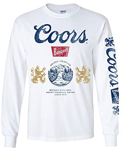 Coors Banquet Beer Sleeve Print Waterfall Crest Long Sleeve Shirt XLarge White