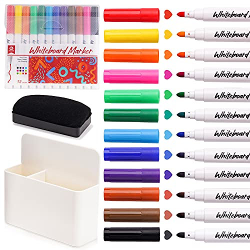 NiArt Magnetischer Whiteboard Stiftehalter Set, 12 Marker, Stifthalter Magnetisch Mit Schwamm, Zubehör für Kühlschrank, Schule, Büro & Zuhause (Weiß)