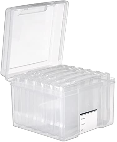 MATANA Foto-Aufbewahrungsbox Transparent (21,5 x 21,5 x 16,5cm) Foto Organizer mit 6 Fächern und Etiketten - Mehrzweck Fotobox für Postkarten & Bastelbedarf