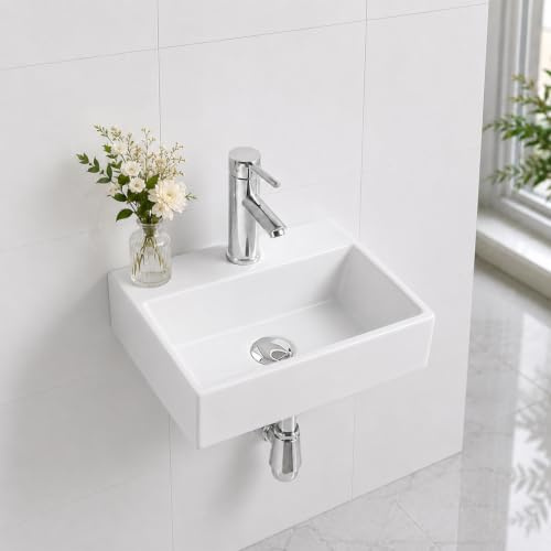 BELOFAY Wall-Mounted Bathroom Sink Basin – 30x12x39cm Modern White Ceramic Wash Basin with Scratch-Resistant Gloss Surface – Square Sink Basins for Cloakroom, Vanity Cabinet, and Bathrooms