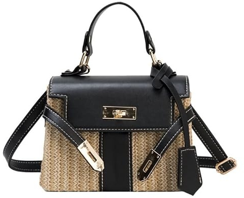 GOBBIS Strohtasche,Strandtasche Mode Rattan Frauen Umhängetaschen Designer Handtaschen Gewebte Umhängetasche Sommer Strand Stroh Tasche Dame Kleine Geldbörsen (Color : Black A)