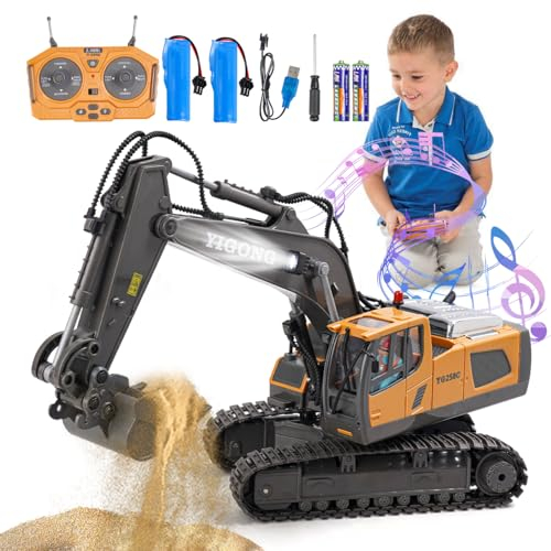 Daioller Télécommande Excavateur Jouets pour Enfants,Rechargeable RC Pelleteuse avec Pelle Métallique,Véhicules de Construction,Excavatrice Rotation de 680,Jouet Digger pour 100Mins/Sons/Lumière
