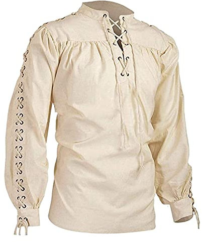Kayferli Oberteile Herren Herbst Männer Verband Langarm Medien-Hemd Gothic-Mann lässige Blusen Sweatshirt Herren (Beige, S)