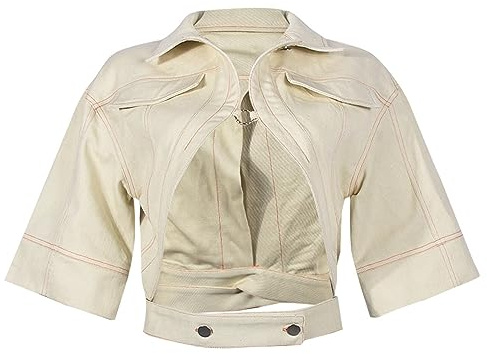LEOROO Casual Cropped Jacket Women Fall Fashion Short Sleeve Lace-up Coat Trendy Hollow Out Women's Clothes(Apricot,S)