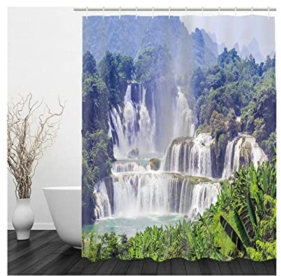 Skcess Polyester Duschvorhang 180x180, Vorhang Badezimmer Grün Weiß Wasserfall Duschvorhang Wasserdicht