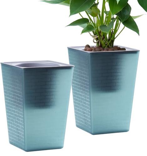 Oliz Selbstbewässernder Übertopf 2 Stück 15.2 cm Kunststoff Blumentöpfe mit Innentopf Zimmerpflanzen Ziegelmuster Blumentopf für Zimmerpflanzen, Afrikanische Veilchen, Blumen, Kräuter (Blau)