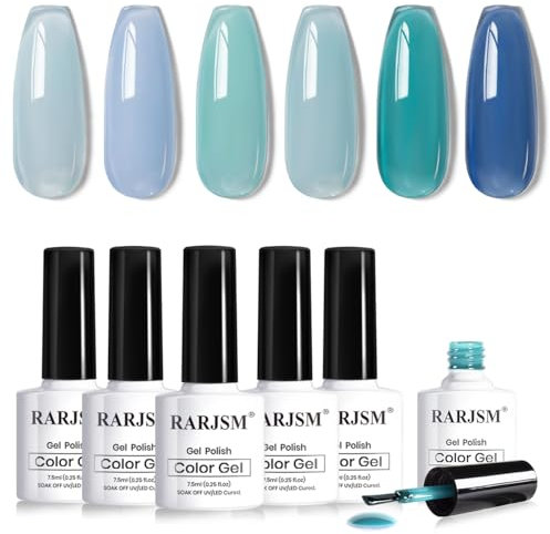 RARJSM Blue Jelly Gel Nail Polish 6pcs Set Clear Crytal Glazed Glass Amber Light Royal Navy Blue Series Summer Transparent Sheer Gel Varnish LED UV Curing Requires Soak off French Manicure