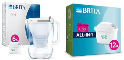 BRITA Carafe filtrante Style grise (2,4L) + 6 cartouches filtrantes MAXTRA PRO All-in-1 & Pack de 12 cartouches filtrantes MAXTRA PRO All-in-1 - Nouveau MAXTRA +, Plus - réduit certains pesticides