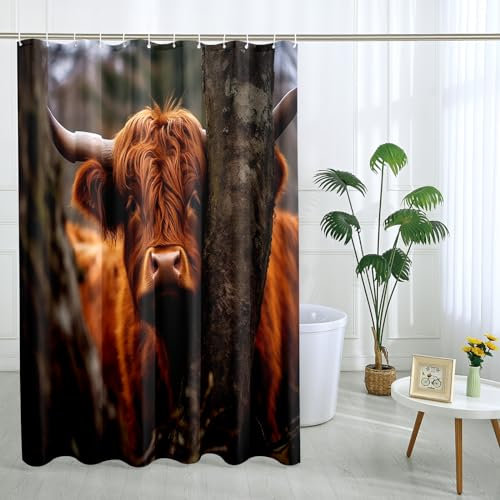 Cow Shower Curtain with 12 Hooks Tree Cow Forest Cute Rustic Retro Brown Polyester Room Ornaments Waterproof Decorative Bathroom Hotel Bathtub Outdoor Short Shower Curtain 62x72 Inch