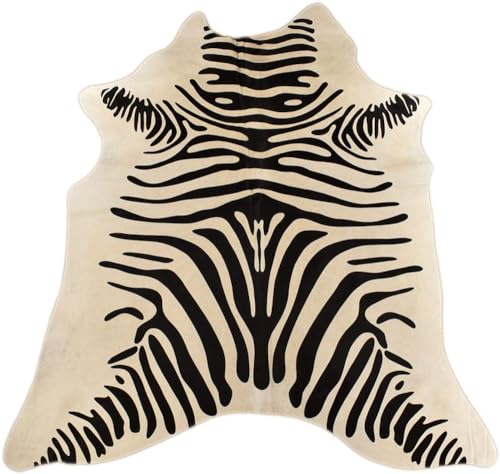 Kuhfell Stierfell Teppich Creme Weiss mit Zebra Print ca. 200 x 180 cm aus Brasilien Kuhfell Rinderfell Zebra
