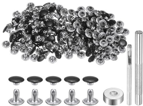 QUARKZMAN 100 Sets Leder Nieten 8mm x 6mm Metall Doppelkappe Nieten Druckknöpfe Befestigungselemente mit 3pcs Werkzeugen zum Setzen für Lederhandwerk Reparatur Dekoration, Brillantschwarz
