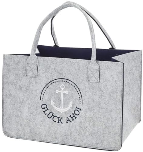 Geschenkestadl Maritime Filztasche Strandtasche Einkaufstasche Tragetasche Aufbewahrung in Grau mit Stickerei Glück Ahoi
