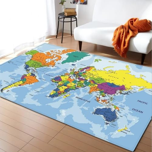Kinderteppich 3D Wohnzimmerteppich rutschfest Weltkarte Im Vintage-Stil Teppiche Jungen Und Mädchen Spielteppich Kinderzimmer Teppich Waschbar 80 X 120 cm - Leicht Zu Reinigen -4D1J1T7