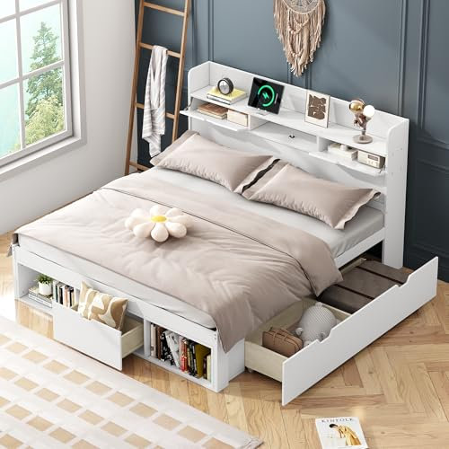 KUAKE Holzbett Doppelbett140x200cm mit Schubladen, USB & Stauraum Kopfteil, Massivholz Bettgestell mit Lattenrost, Stauraumbetten, Jugendbett, Kinderbett, ohne Matratze (140x200cm)