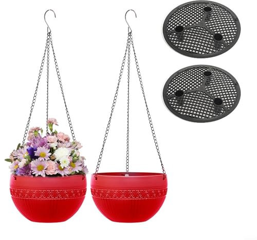 Blumentopf, Kunststoff, rund, Blumenampel, Pflanzenhalter, Behälter mit Kettenhaken für Pflanzen, Blumen, Kräuter, Veilchen (M, Rot), 2 Stück