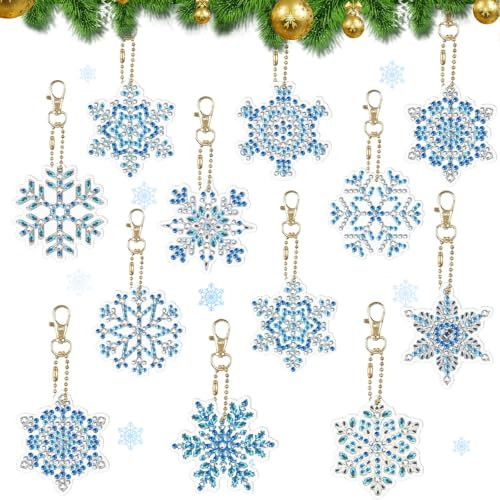 XLZJYIJ 5D Diamond Painting Weihnachten Anhänger Kinder, 12 Stück Doppelseitige DIY Schneeflocken Diamant Malerei Kit, Weihnachten Diamant Malerei SchlüSselbund für Weihnachtendeko und Geschenk