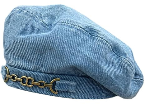 Denim-Barettmütze für Damen, französischer Stil, Künstlermütze, lässige Beanie-Mütze, Metallkette, Malermütze, Sommer-Jeans-Kappe, hellblau, Einheitsgröße