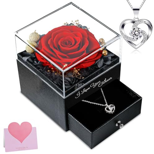 Ewige Echte Rose mit Halskette, Frauen Geschenk Geburtstag, Infinity Blumen Rosen Box Schmuck Geschenkbox, Muttertag, Mama, Freundin, Ehefrau, Oma, Rot