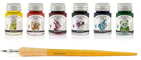 Octopus Write & Draw Ink CARNIVAL, 6x10 ml, wasserfest, mit Zeichenfeder | 6 wasserfeste Zeichentuschen mit Holz-Zeichenfeder, für Kalligrafie, Handlettering, Skizzen und Kolorieren
