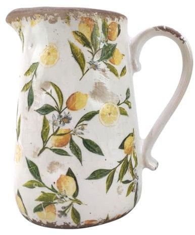 Retro och romantisk lergods kanna med handtag, åldrad effekt och citronmodell, höjd 23 cm