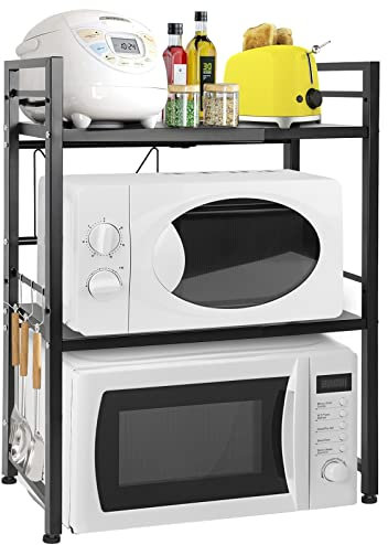 OUUTMEE Étagère à micro-ondes extensible, réglable en hauteur, en acier au carbone, organisateur de table de cuisine pliable pour grille-pain (3 niveaux, noir)