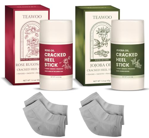 4 Pcs Cracked Heel Repair Set –Comes with 2 Repair Sticks & 2 Foot Care Socks, Rose & Jojoba Oil Heel Balm for Dry Cracked Feet, No-Mess Applicator, Travel-Friendly