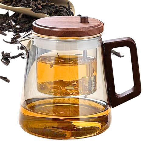 Qurygin 650ml 13x10.5x8cm Filter Teapot, Glass Teapot with Filter, Clear Te-apot Infuser, Water Separation Glass Te-apot with Wooden Handle, Loose Leaf T-eapot Infuser for Workplace Restaurant Use