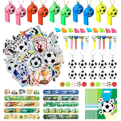 YAMAIDUO 120 Pezzi Gadget Calcio Compleanno Bambini, Calcio Regalini Fine Festa Compleanno, Riempitivi di Pinata Kit Compleanno Calcio per Ragazzi e Ragazze Incluso Portachiavi Calcio Fischietto