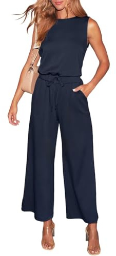 LACOZY Women's Summer Jumpsuits UK Sleeveless Overall Long Pants Suit Casual Playsuit With Pockets Blue S