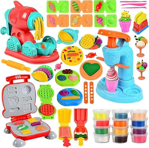 Polegas 51 Stück Knete Set, Knete Zubehör Kitchen Creations Spielset mit Eismaschine Nudelmaschine Burgermaschine Knetwerkzeug und 12 Dosen Plastilin, Spielzeug Geschenk mädchen & Junge ab 3 Jahre