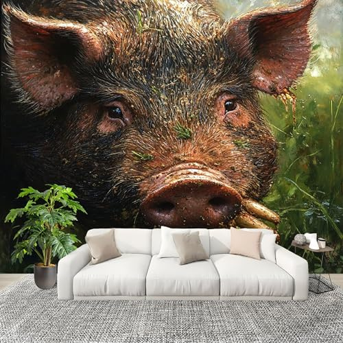 Mural Papel Pintado 3D 300x210 cm Jabalí, Animal De La Selva Fotomurales Tejido No Tejido Antiarrugas Póster Verde Murales Fotográfico Moderno Decoración de Paredes