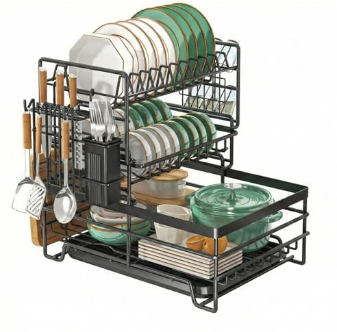 3 Tier Dish Drying Rack with Drip Tray Drainboard,Kitchen Dish Drainer Rack | with Cup Holder,Detachable Dish Rack for Counter,Rust-Proof Iron Dish Dryer for Plates,Bowls,Utensils(Black,37x30.5x35.5cm)