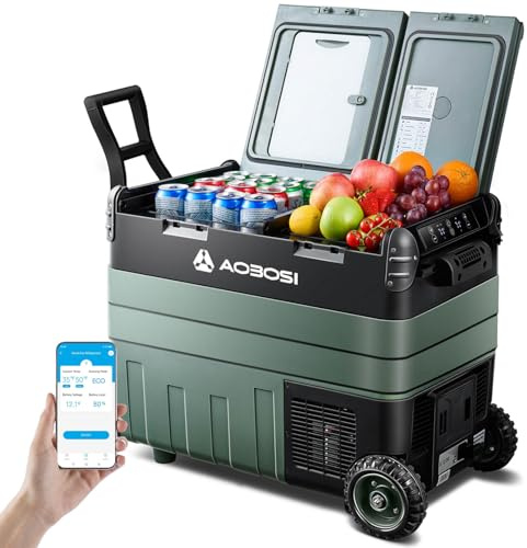 AAOBOSI 50L Glaciere Electrique, Bi-Zone, Glacière Électrique Voiture avec APP, Éclairage LED, 12/24V et 100-240V, Charge USB, -20°C à 20°C, Réfrigérateur à Compresseur, Adapté aux Vacances en Voiture