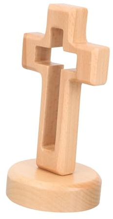 Hemobllo Stehendes Holzkreuz mit Sockel (14cm) - Kleines Tischkreuz aus Massivholz Natur - Christliches Kreuz Kruzifix für Hausaltar, Taufe, Kommunion & Trauer - Religiöse Deko (Hellbraun)