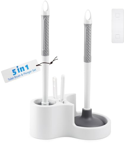 5-in-1 Toilet Brush and Plunger Set – Hidden Holder System, Extended Handle Heavy Duty Plunger, Compact Bathroom Storage, Durable White/Grey Hygiene Kit