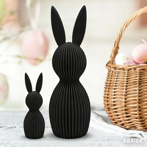 Generisch Osterhase 3D Deko Minimalistische Osterdekoration im skandinavischen Design Gerippte Oberfläche Moderne Frühlingsdeko 3D-Druc Hase für stilvolles Zuhause Set aus 11cm & 16cm (Schwarz)