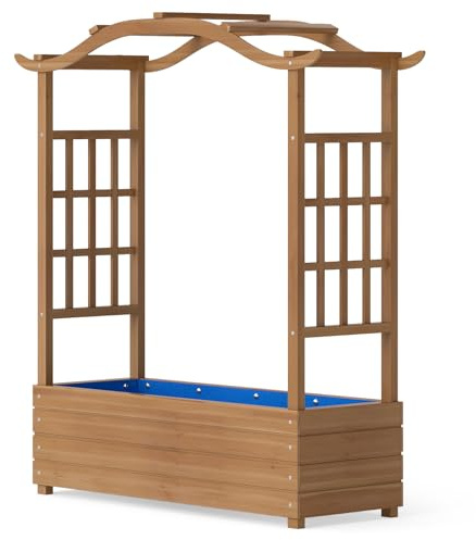 TANGZON Raised Garden Bed with Arch Trellis, Wood Free Standing Elevated Planter Box with Drainage Holes & Protective Liner, Flower Pot Planing Container (Brown, with Curved Roof, 110 x 40 x 124cm)