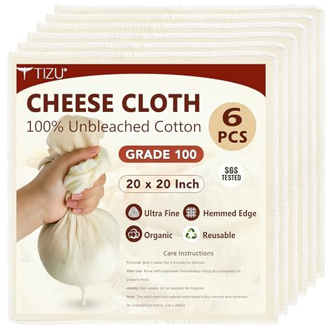 6 Piezas Paños de Queso 50x50cm-Grado 100 Algodón no Blanqueado al 100% Reutilizable para Filtrado Hacer Leche de Nueces, Yogur y Queso (Tela de Filtración, Cheese Cloth, 6Pcs)