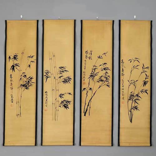 Kinesisk väggkonst, 4st/set Bambumönster Scroll Målning Dekor Antik Feng Shui hängande målningar