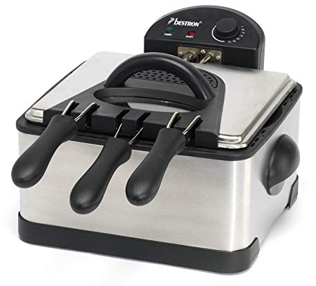 Bestron Freidora Familiar, 3 Cestas, 4 Litros, Para 1,5 kg/2x750 g, Ventana de visualización, 2000 W, Acero inoxidable