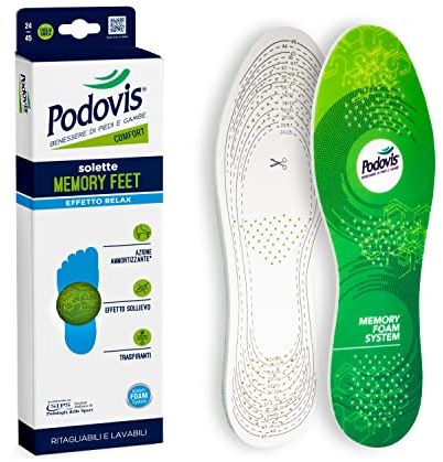 Podovis, Solette Memory Feet - Solette in Memory Foam, Solette Comfort, Sensazione di Sollievo, Ottima Traspirabilità, Taglia Unica 24-45 cm, 1 Paio / 2 Solette