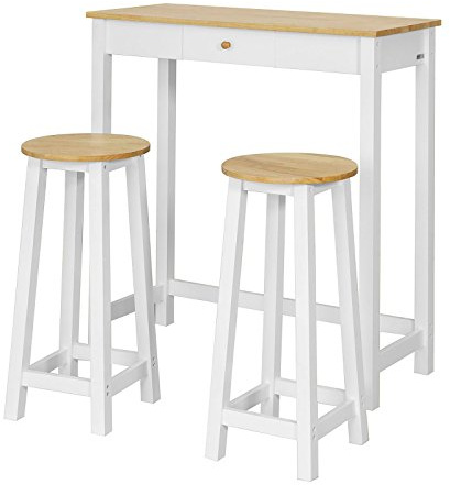 SoBuy Breakfast Bar Set with High Table & 2 Stools for Small Kitchens | 3-Piece Kitchen Dining Set with Drawer & 3 Hooks, Compact Bar Table Furniture for Flats, White & Natural, FWT50-WN