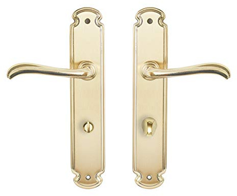 Juego de manivelas de latón. Fabricado en España. Color dorado mate y brillo. Barnizado semi-mate. Medidas placa: 240x46 mm.