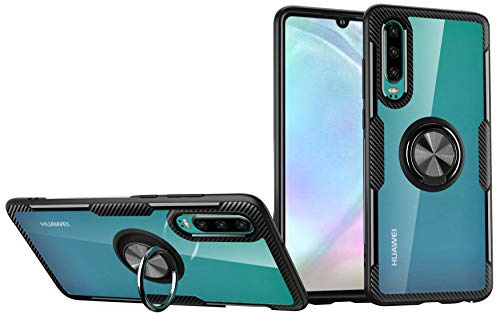SORAKA Hülle für Huawei P30 mit 360 Grad drehbarem Ringständer Harter PC transparenter Abdeckung+Silikon Rahmen durchsichtige hülle mit Metallplatte für Handyhalterung Auto KFZ Magnet